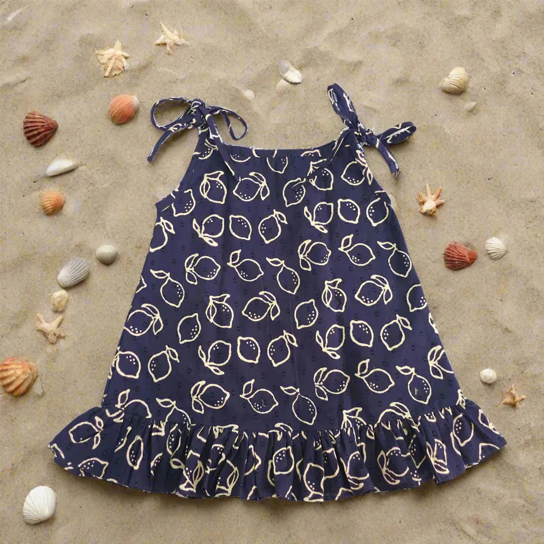 Keebee Organic Cotton Printed Baby Girl Shoulder Knot Jabla Dress - Lemon