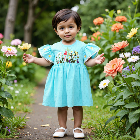 Keebee Organic Cotton Embroidered Girls Light Blue Dress - Flower Garden