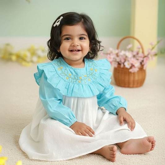 Embroidered Blue and White Puffed Sleeve Dress - Garland of Flowers