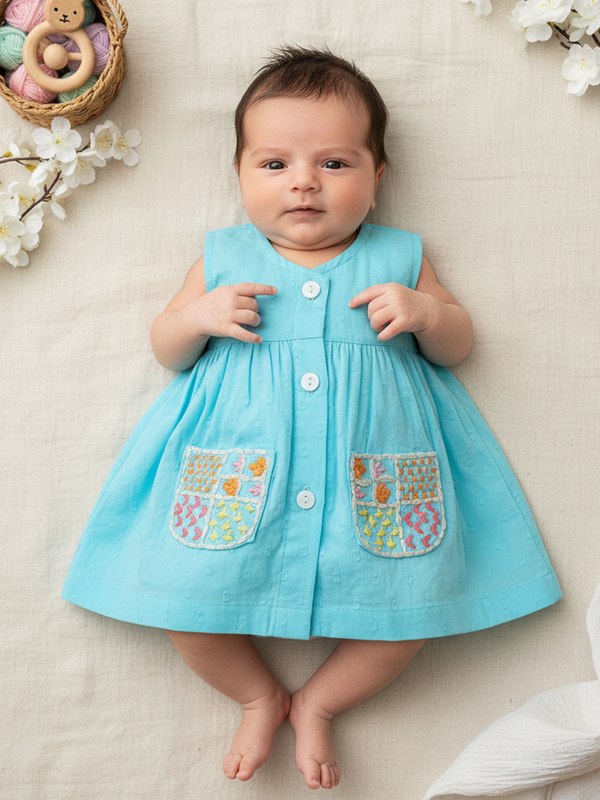 Embroidered Newborn Turquoise Blue Button Up Dress - Pockets