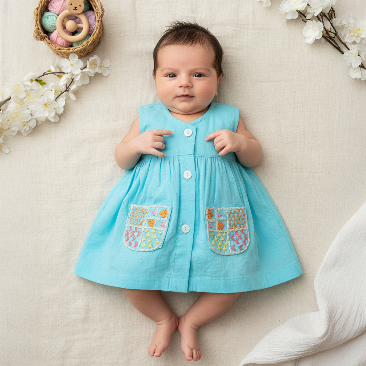 Embroidered Newborn Turquoise Blue Button Up Dress - Pockets