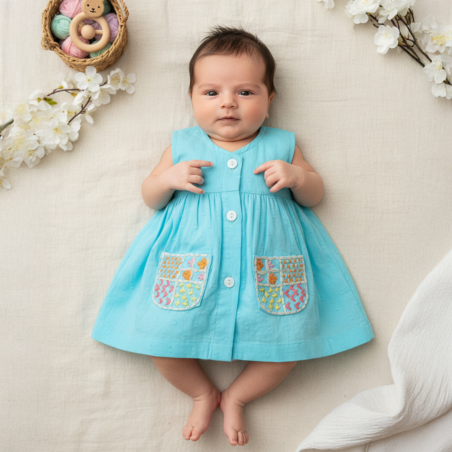 Embroidered Newborn Turquoise Blue Button Up Dress - Pockets