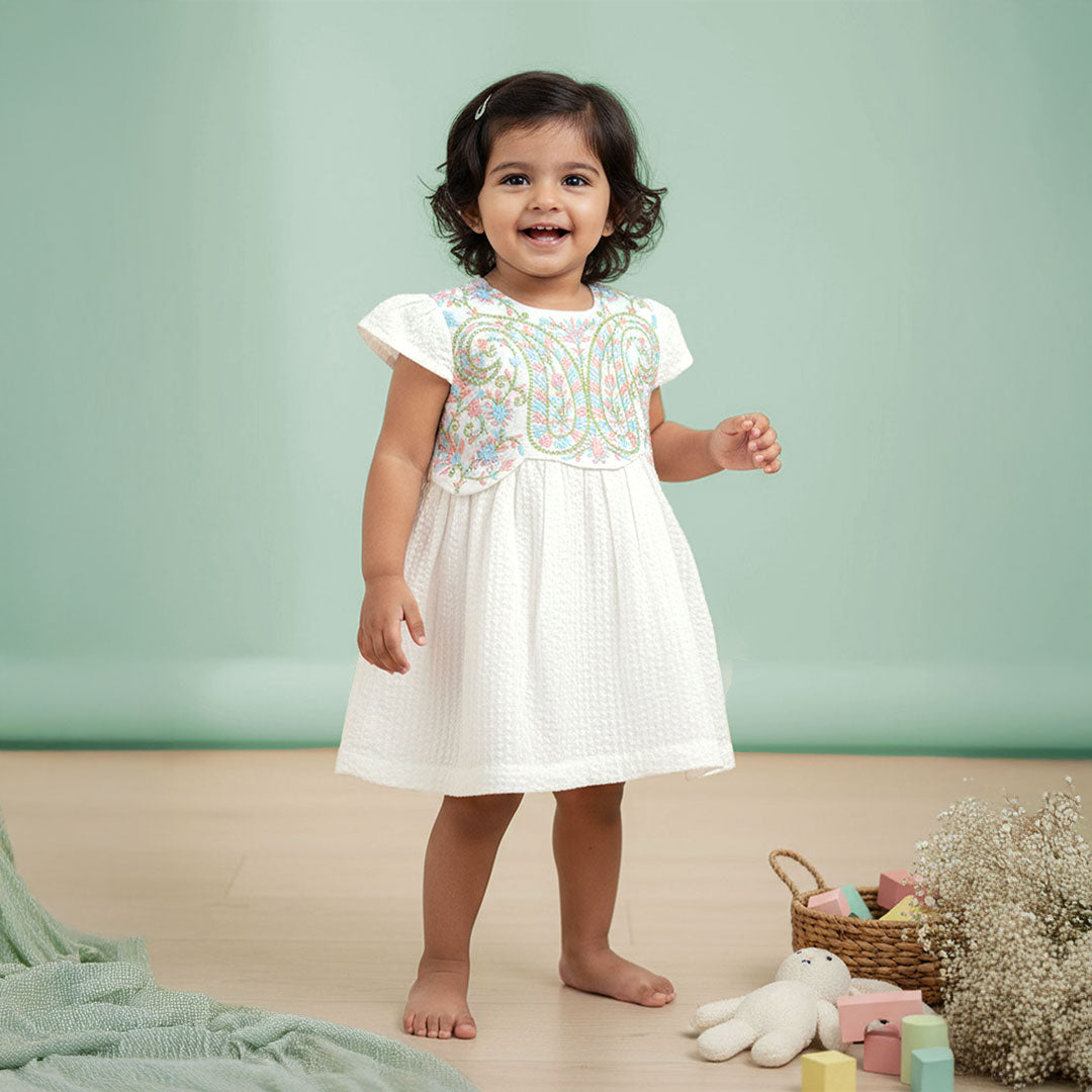 Keebee Organic Cotton Textured Embroidered Girls White Dress with Cap Sleeves - Paisley