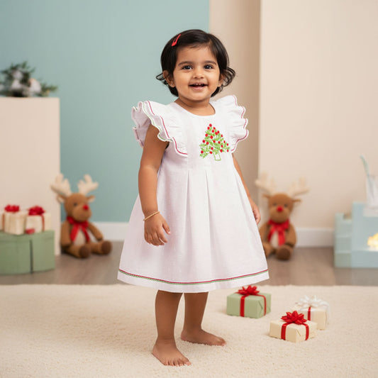 Organic Cotton Embroidered Girls Dress - Xmas Tree