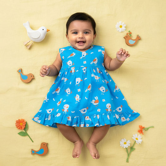 Keebee Organic Cotton Printed Girls Wrap Dress - Blue Birdie