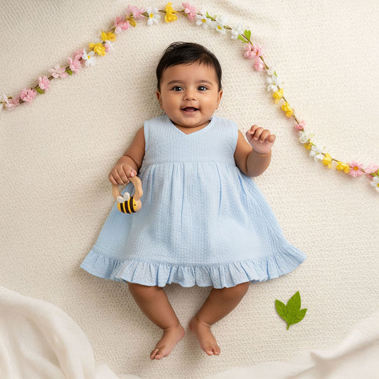 Keebee Organic Cotton Solid Textured Girls Jabla / Dress - Light Blue