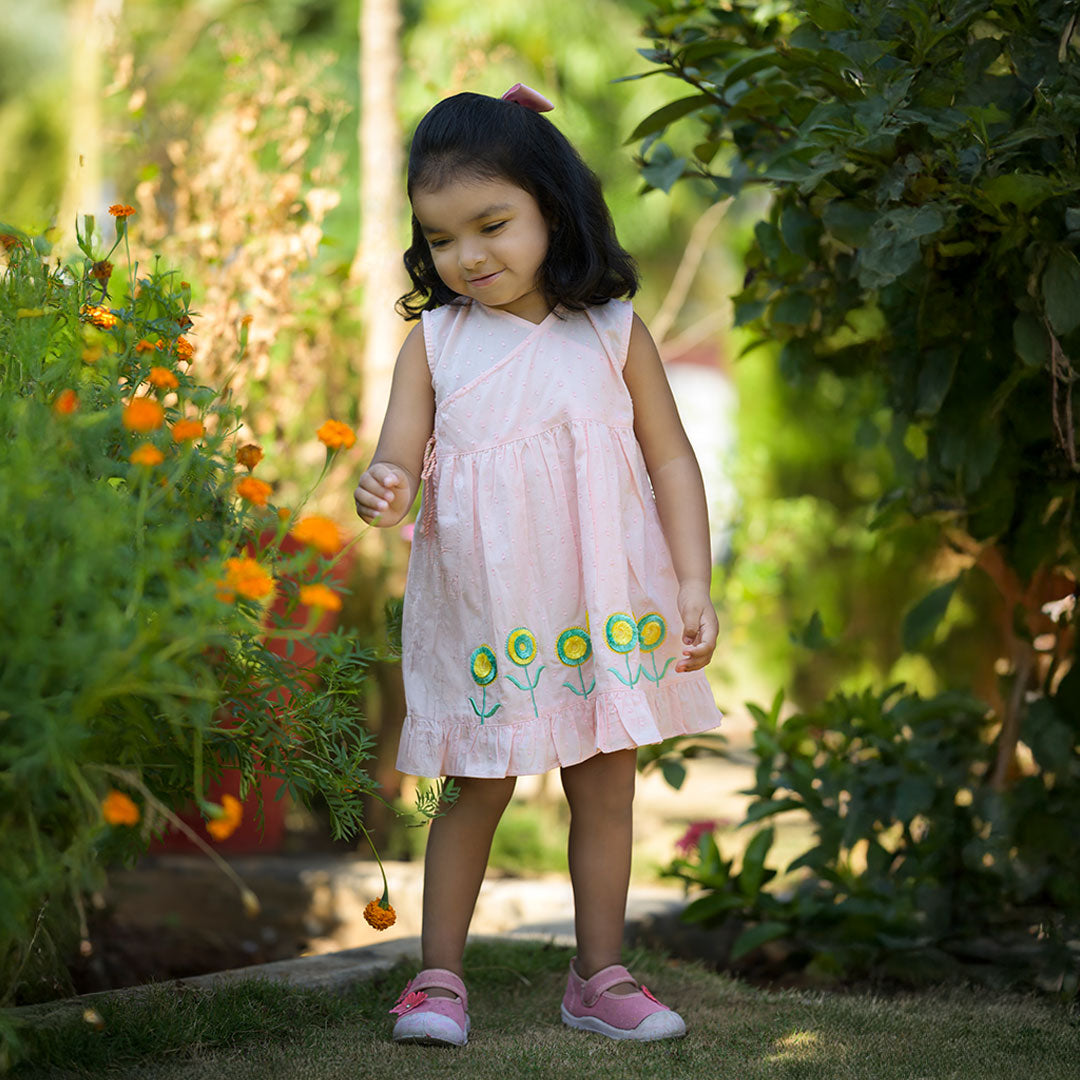 Keebee Organic Cotton Embroidered Girls Wrap Dress - Peach Buttercup