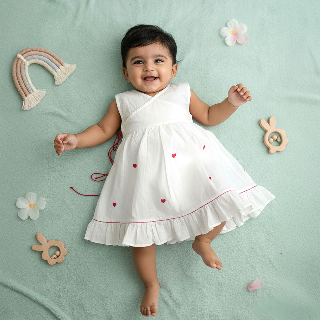Keebee Organic Cotton White Embroidered Girls Jabla / Wrap Dress - Hearts