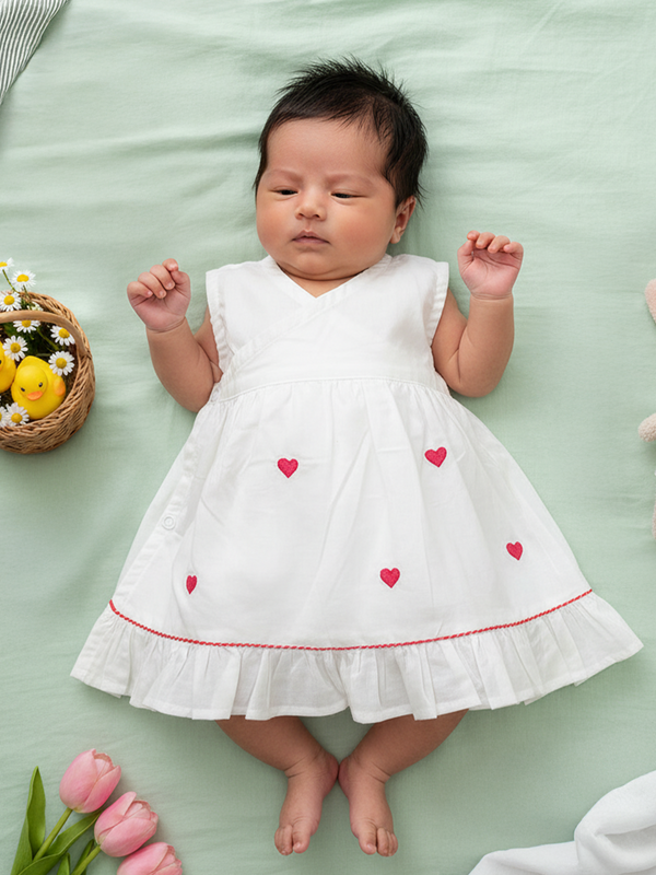 Embroidered Newborn White Wrap Dress - Hearts