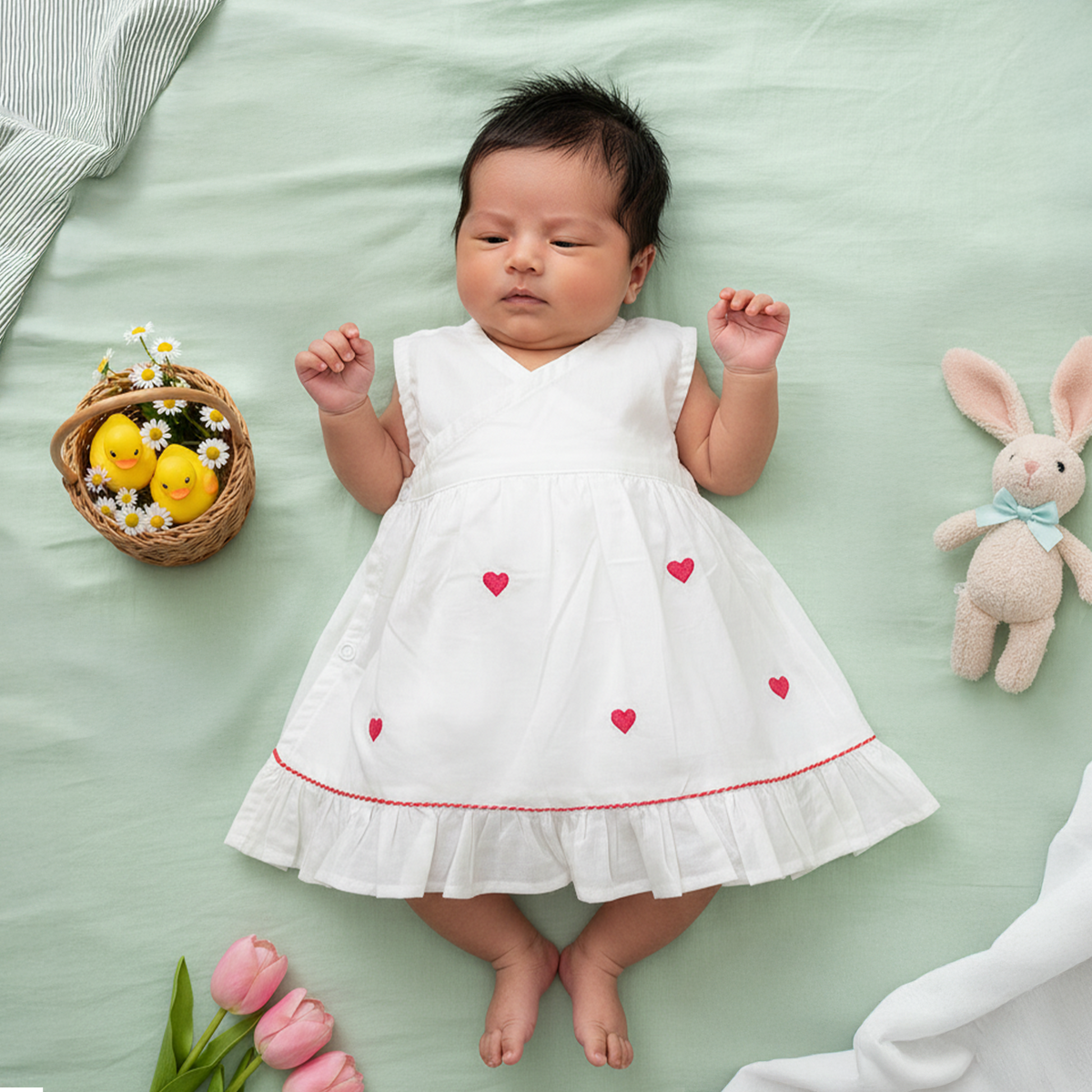 Embroidered Newborn White Wrap Dress - Hearts