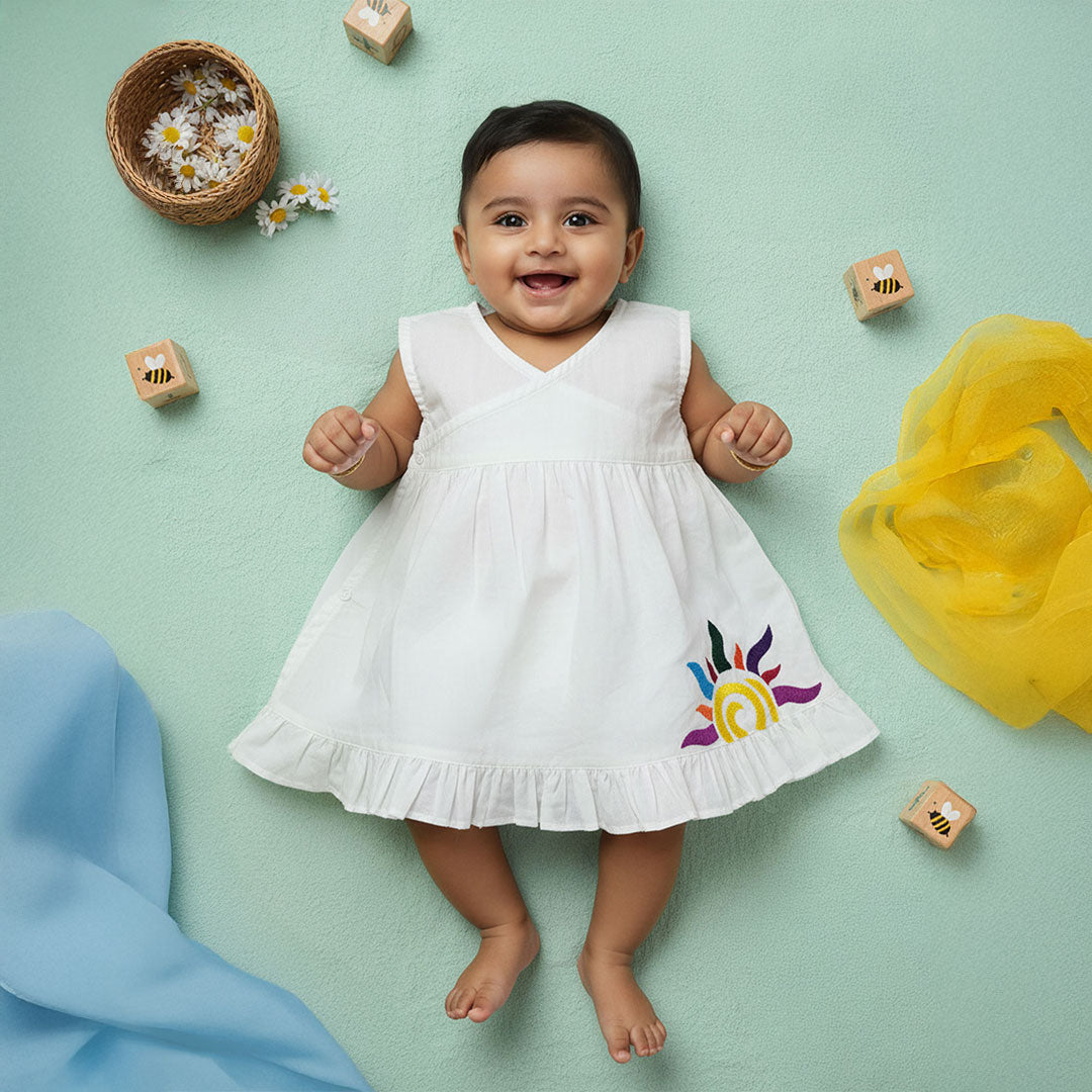 Keebee Organic Cotton White Embroidered Girls Jabla / Wrap Dress - Colorful Sun