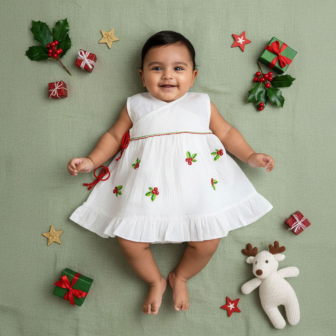 Keebee Organic Cotton Embroidered Girls White Jabla / Wrap Dress - Merry Holly