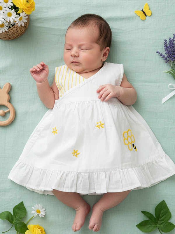 Embroidered Newborn White Wrap Dress - Honeycomb
