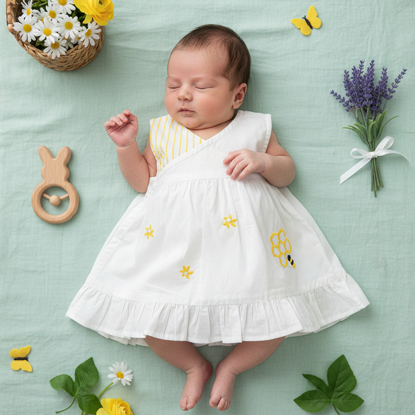 Embroidered Newborn White Wrap Dress - Honeycomb