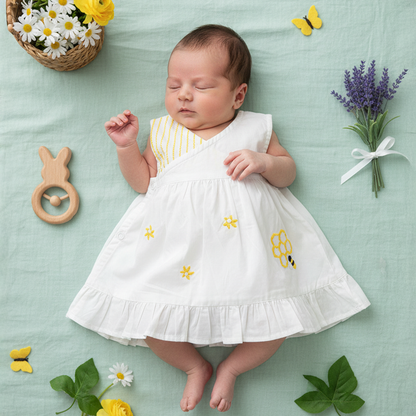 Embroidered Newborn White Wrap Dress - Honeycomb