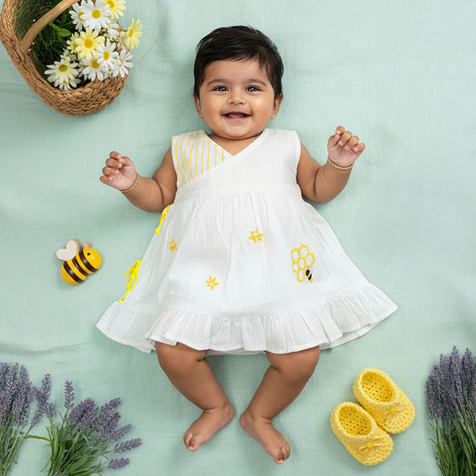 Keebee Organic Cotton White Hand Embroidered Girls Jabla / Wrap Dress - Honeycomb