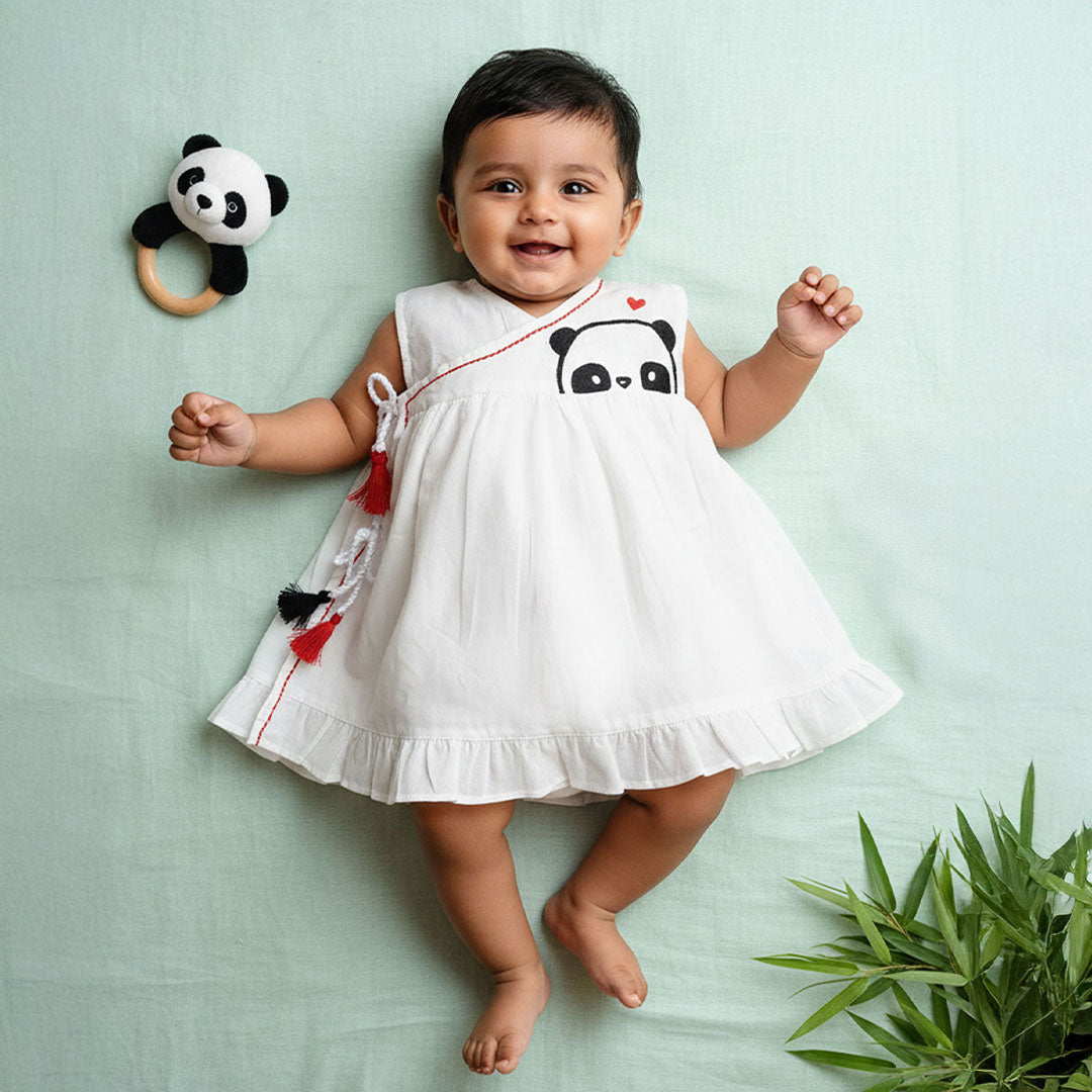 Keebee Organic Cotton White Embroidered Girls Jabla / Wrap Dress - Panda