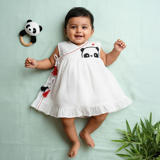 Keebee Organic Cotton White Embroidered Girls Jabla / Wrap Dress - Panda