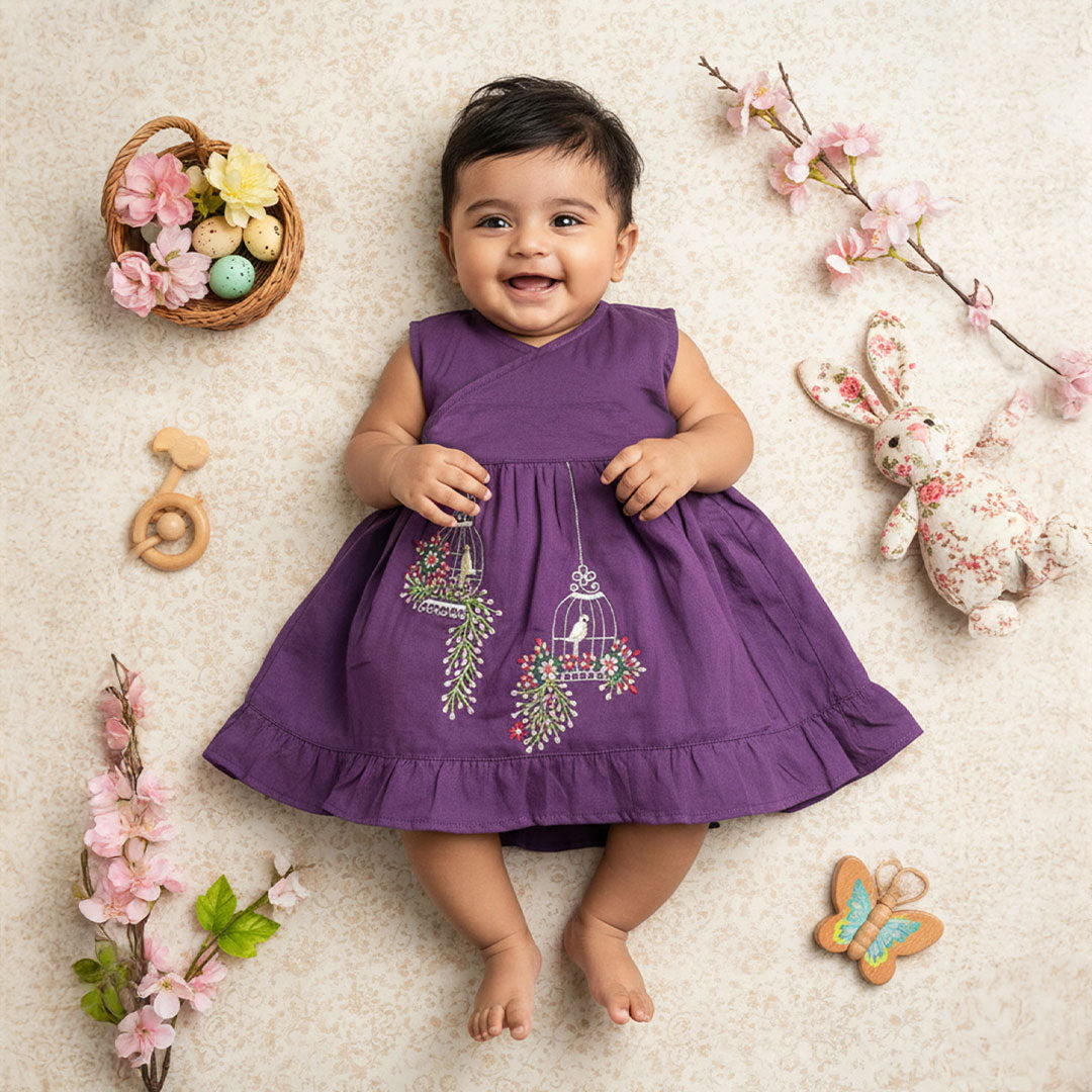 Organic Cotton Embroidered Girls Purple Jabla / Dress - Birdcages