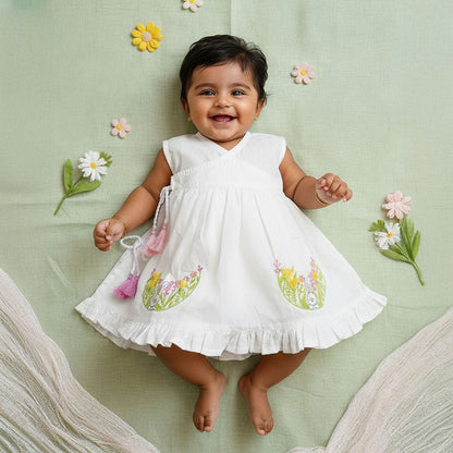 Keebee Organic Cotton White Embroidered Wrap Dress - Rabbit | Baby Kids Clothing India | Keebee KEEBEE Keebee Organic Cotton White Embroidered Wrap Dress - Rabbit | Baby Kids Clothing India | Keebee KEEBEE