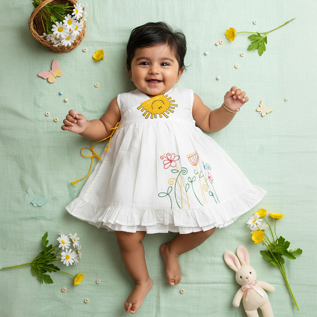 Organic Cotton Embroidered Girls Jabla / Wrap Dress - Sunny Garden