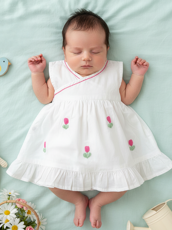 Embroidered Newborn White Wrap Dress - Tulip