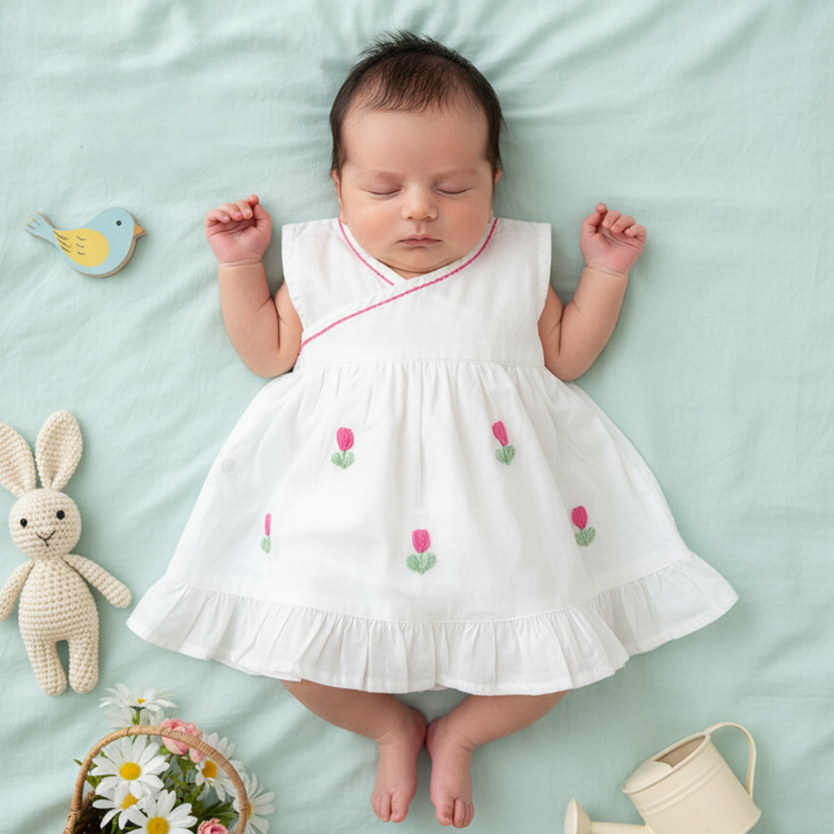 Embroidered Newborn White Wrap Dress - Tulip