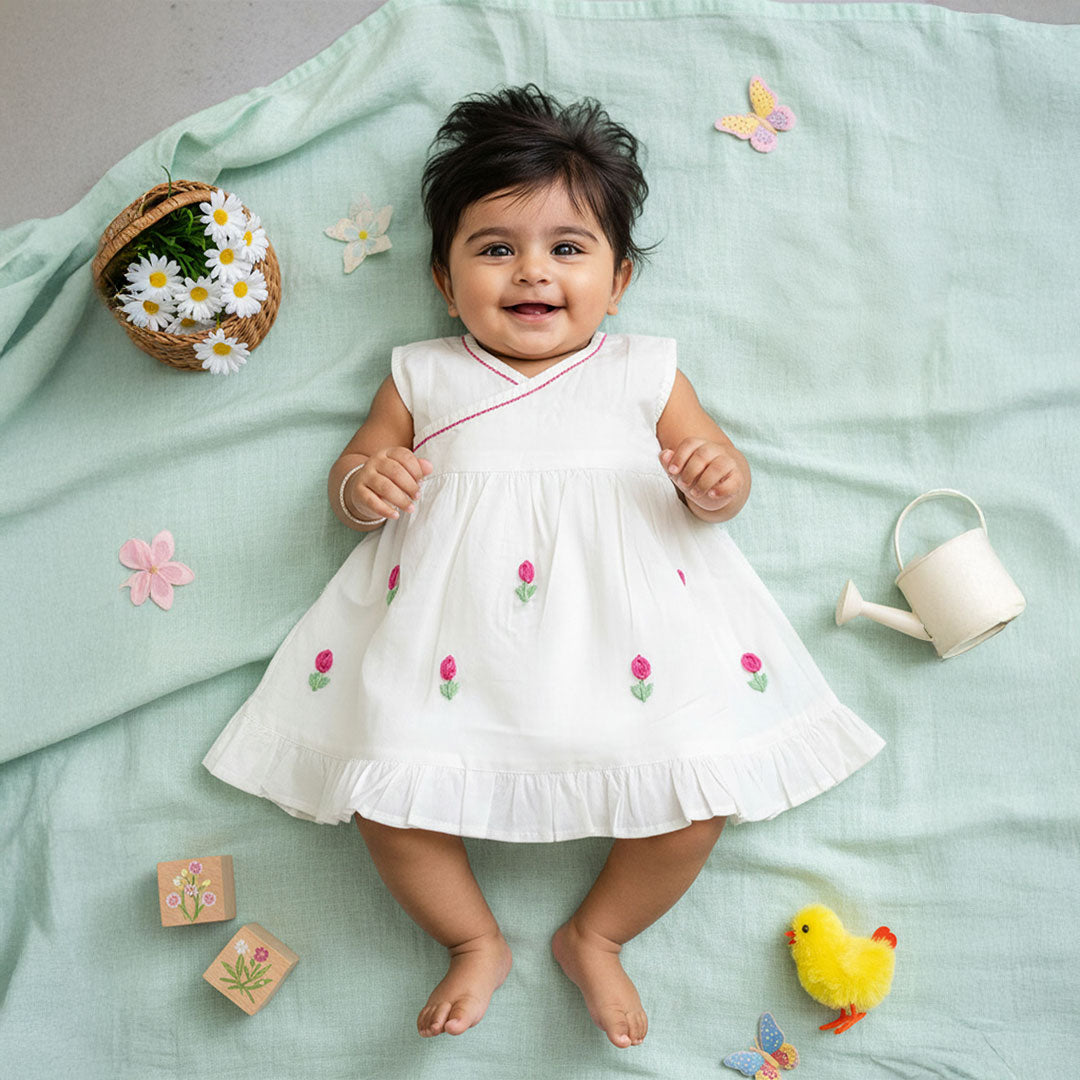 Keebee Organic Cotton Hand-Embroidered Girls White Dress - Tulips