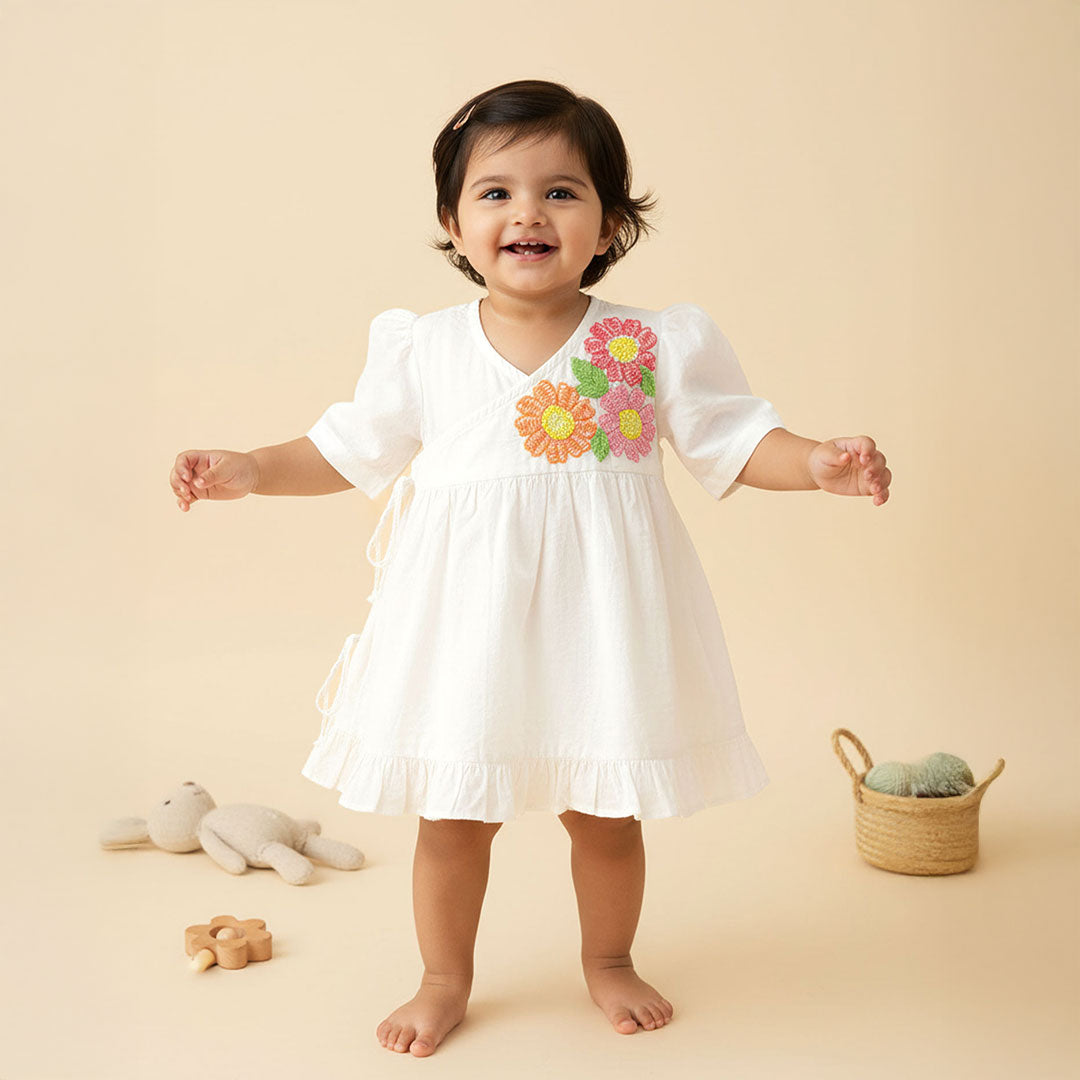 Keebee Organic Cotton Embroidered White Puff Sleeve Girls Jabla / Wrap Dress - Flowers