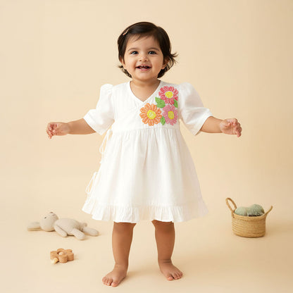 Embroidered White Puff Sleeve Wrap Dress - Flowers