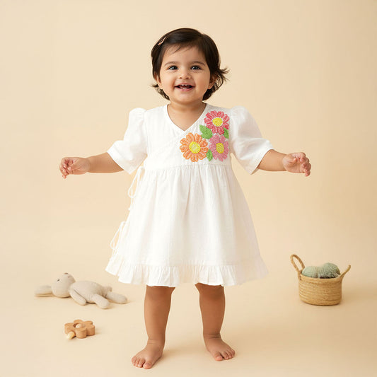 Keebee Organic Cotton Embroidered White Puff Sleeve Girls Jabla / Wrap Dress - Flowers