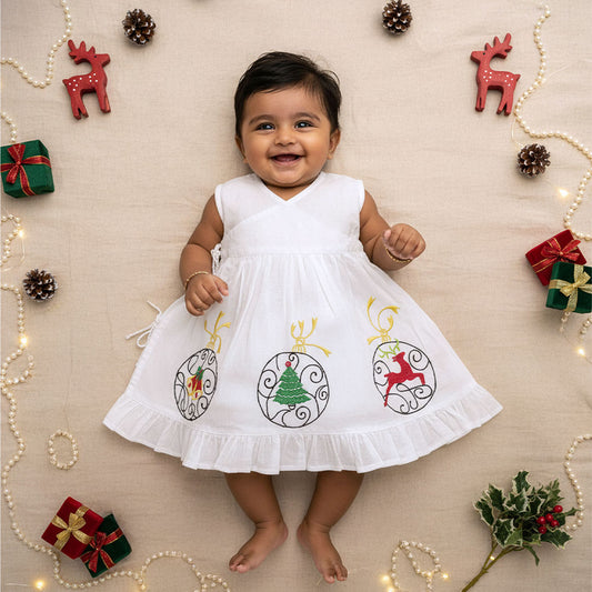 Keebee Organic Cotton Embroidered Girls White Jabla / Wrap Dress - Xmas Decorations