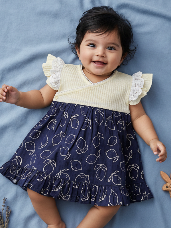 Embroidered Yellow & Blue Wrap Dress - Lemons