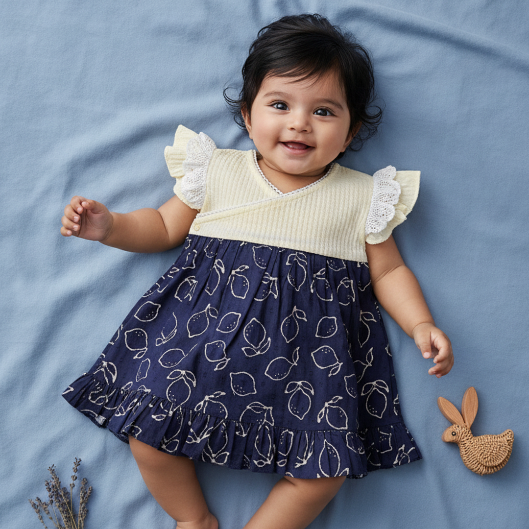 Embroidered Yellow & Blue Wrap Dress - Lemons