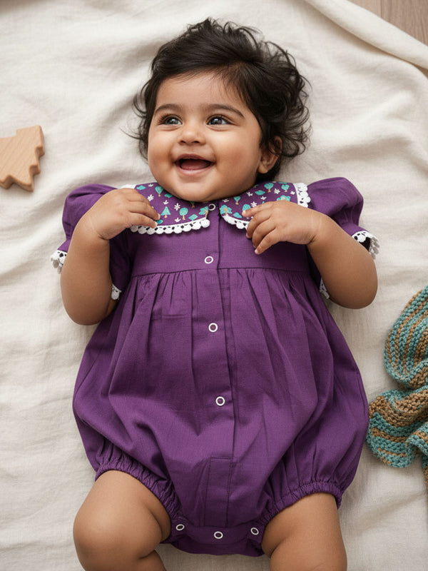 Puff Sleeve Purple Lace Romper - Pine Trees