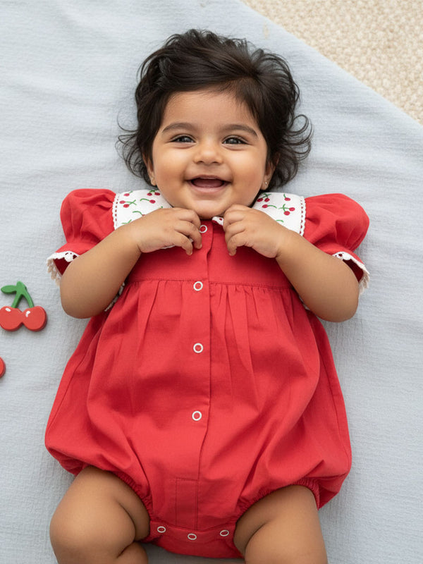 Puff Sleeve Laced Romper - Red Cherry