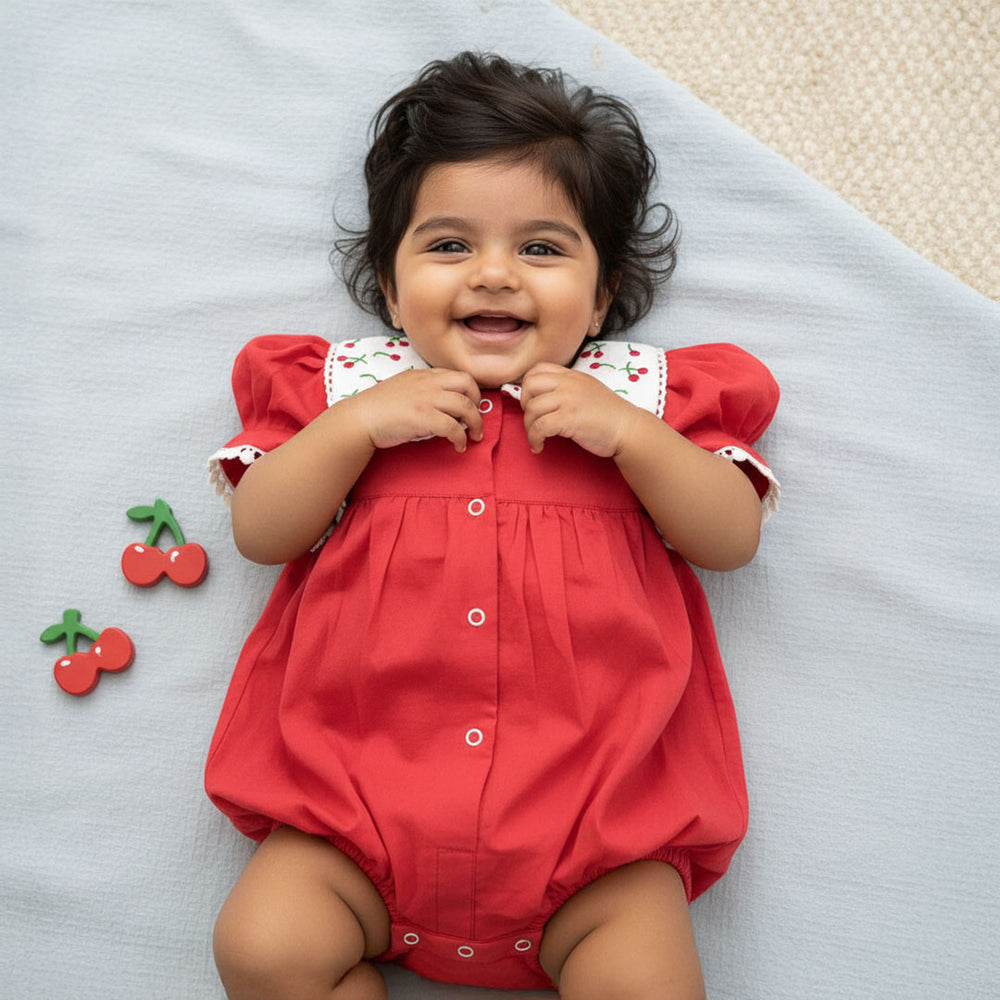 Puff Sleeve Laced Romper - Red Cherry