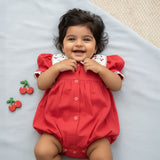 Puff Sleeve Laced Romper - Red Cherry
