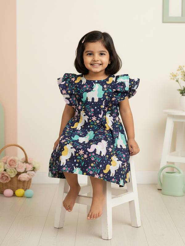 Girls Printed Iris Dress - Unicorns