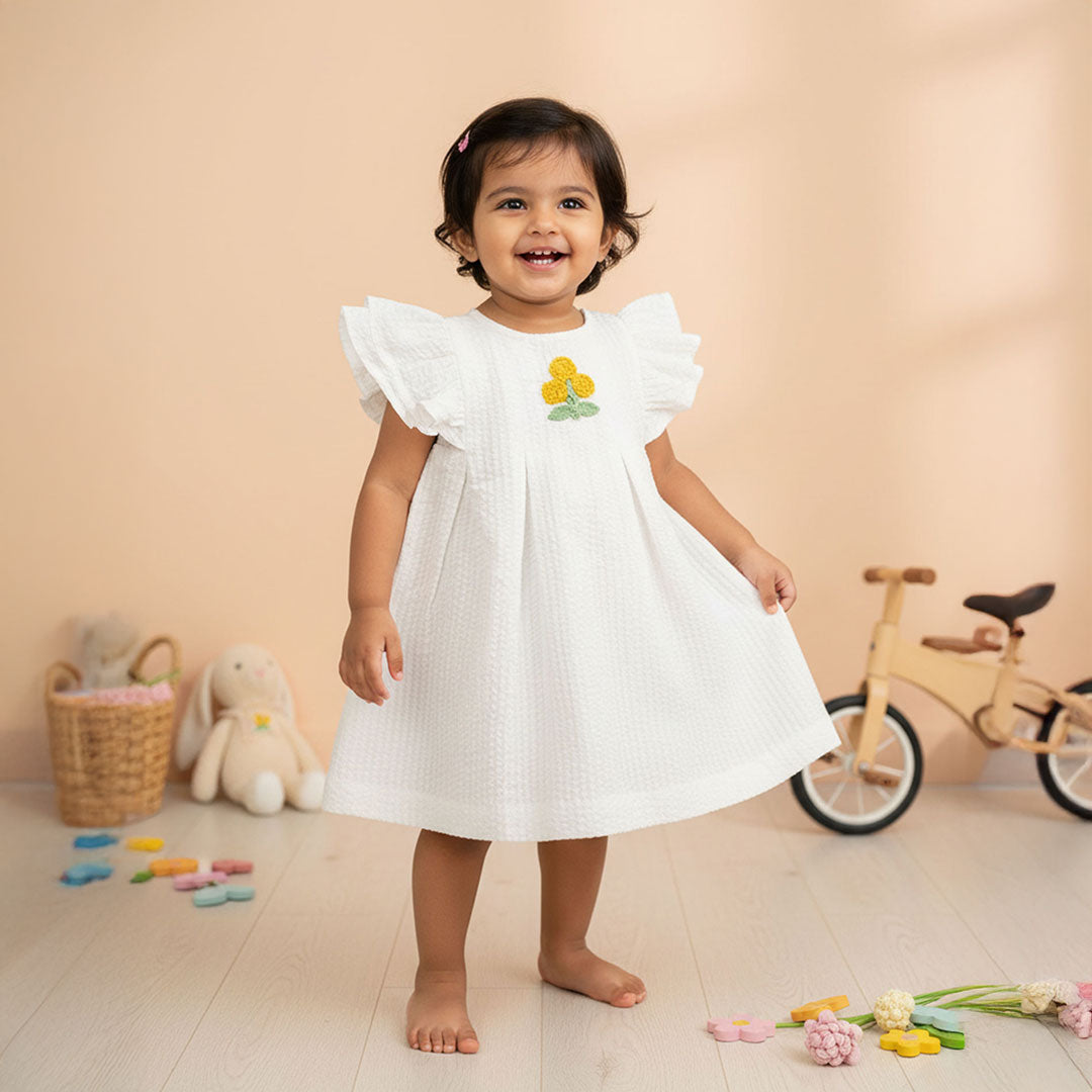 Keebee Organic Cotton White Baby Girl Iris Dress - Marigold
