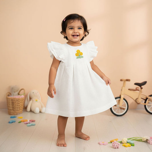 Keebee Organic Cotton White Baby Girl Iris Dress - Marigold
