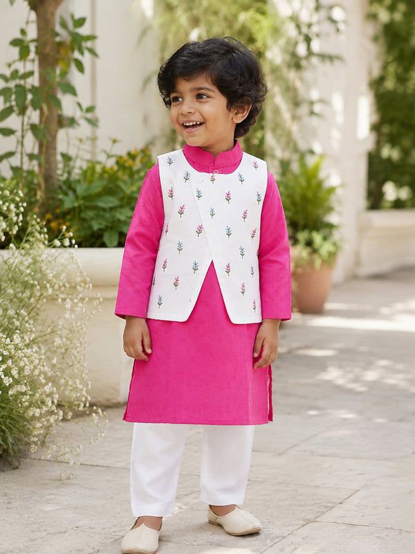 Boys Floral Embroidered Jacket Kurta and White Pajama Pants Set - Hot Pink
