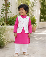 Boys Floral Embroidered Jacket Kurta and White Pajama Pants Set - Hot Pink