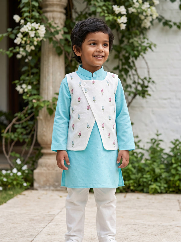 Boys Floral Embroidered Jacket Kurta and White Pajama Pants Set - Turquoise Blue