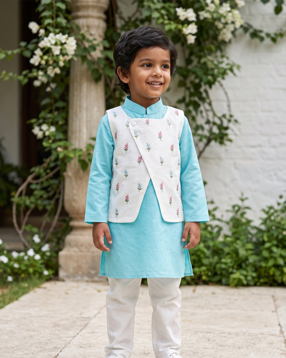 Boys Floral Embroidered Jacket Kurta and White Pajama Pants Set - Turquoise Blue