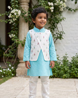 Boys Floral Embroidered Jacket Kurta and White Pajama Pants Set - Turquoise Blue