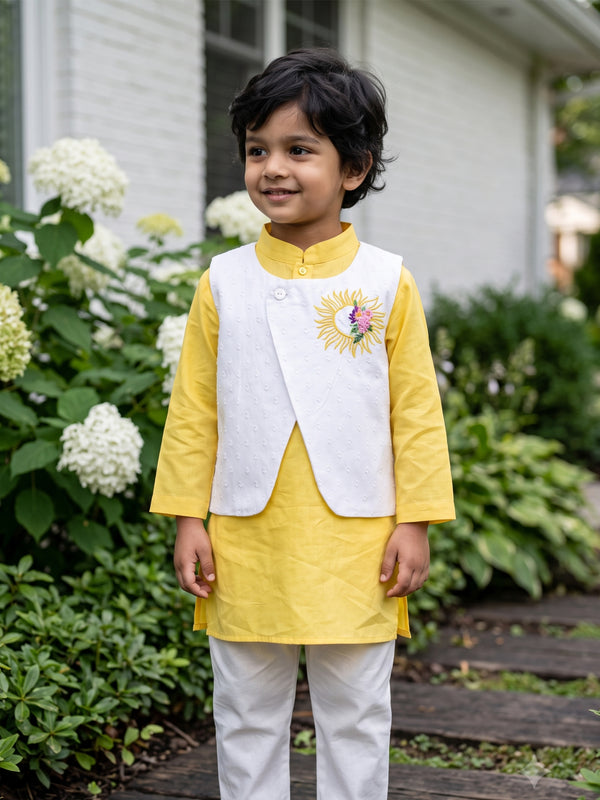 Boys Sun Embroidered Jacket Kurta and White Pajama Pants Set - Yellow