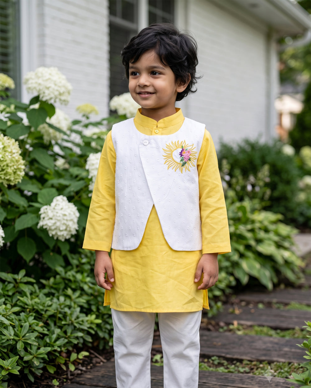 Boys Sun Embroidered Jacket Kurta and White Pajama Pants Set - Yellow