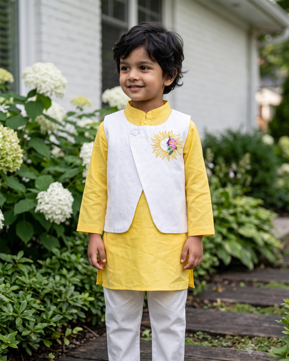 Boys Sun Embroidered Jacket Kurta and White Pajama Pants Set - Yellow
