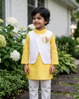 Boys Sun Embroidered Jacket Kurta and White Pajama Pants Set - Yellow
